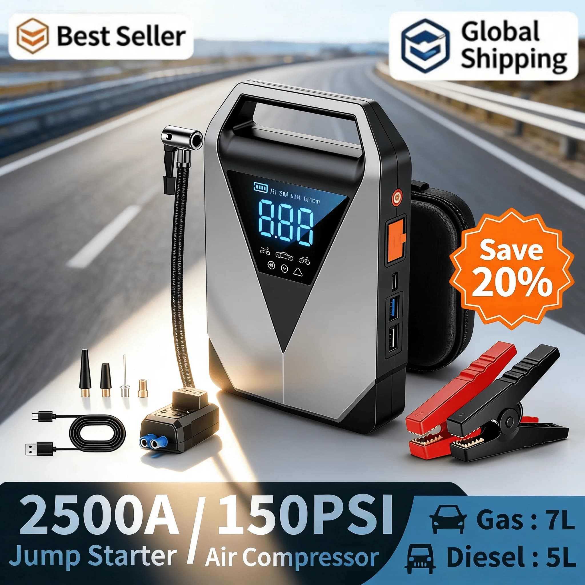 Avviatore di Emergenza per Auto 2500A 12V con Compressore d'Aria 150PSI, Gonfiatore Portatile per Pneumatici e Booster per Batteria per Auto, Camion, SUV