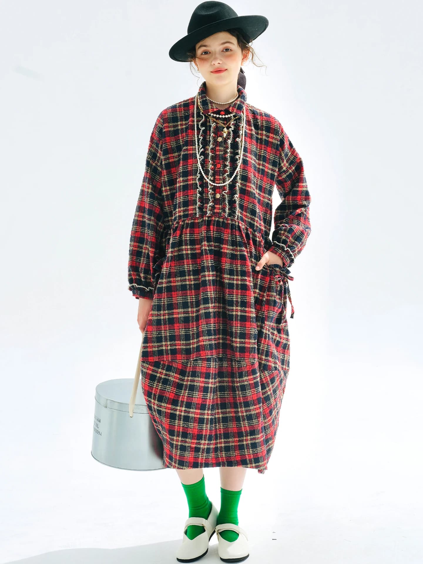 imakokoni 2025 Autumn French Retro Checkered Skirt Washed Texture Ruffled Half-Open Dress for Women 255186