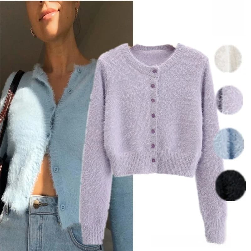Cardigan Corto Blu Stile Americano a Maniche Lunghe in Morbido Mohair, Sottile, con Bottoni, Delicato sulla Pelle, per Donna