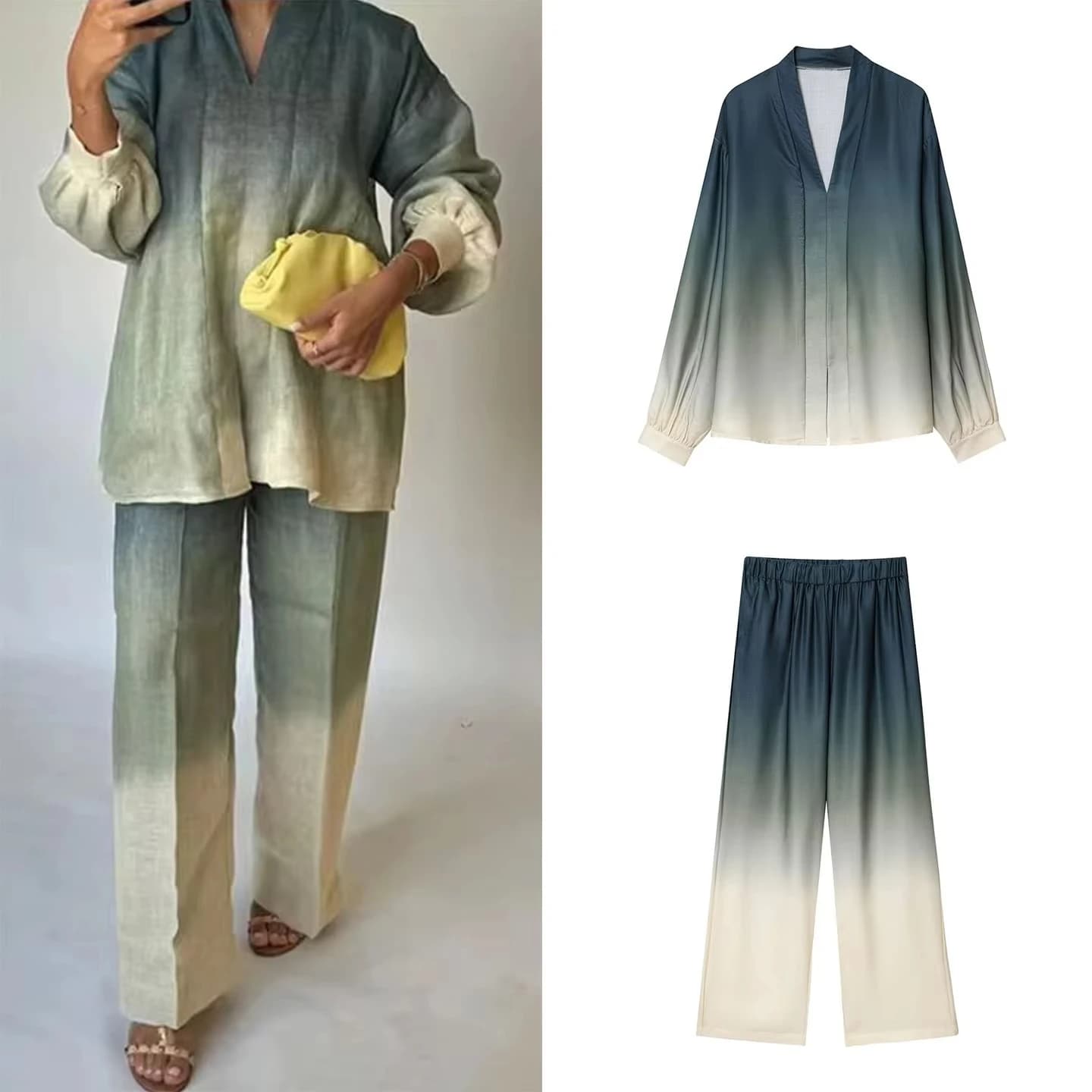 Tie Dye Print Snailed Shirts Top Wide Leg Pants Set New blouse with autumn buttons Long pants Vintage chic satin dress