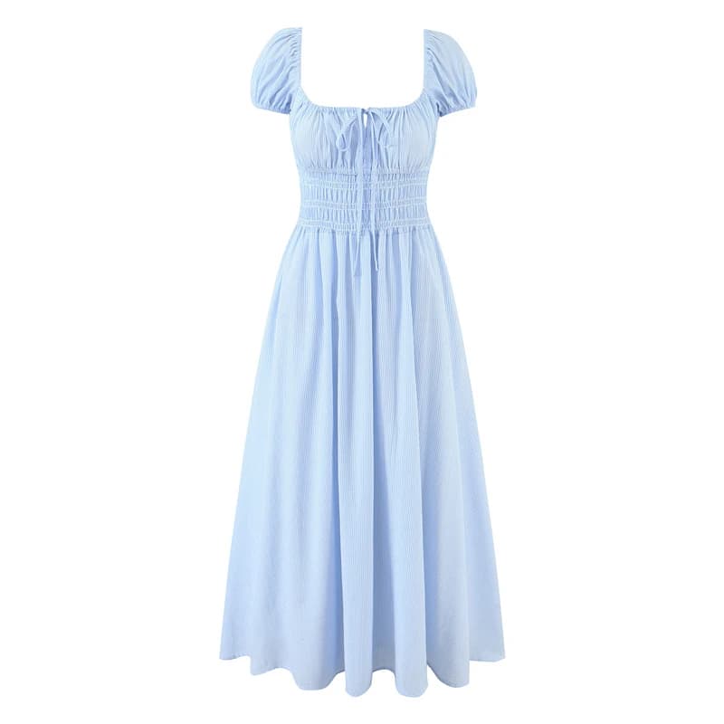 YENKYE Blue Pink Striped Dress Women Puff Sleeve Elastic Waist A-line Midi Casual Elegant Summer Dresses Holiday Robe 2026