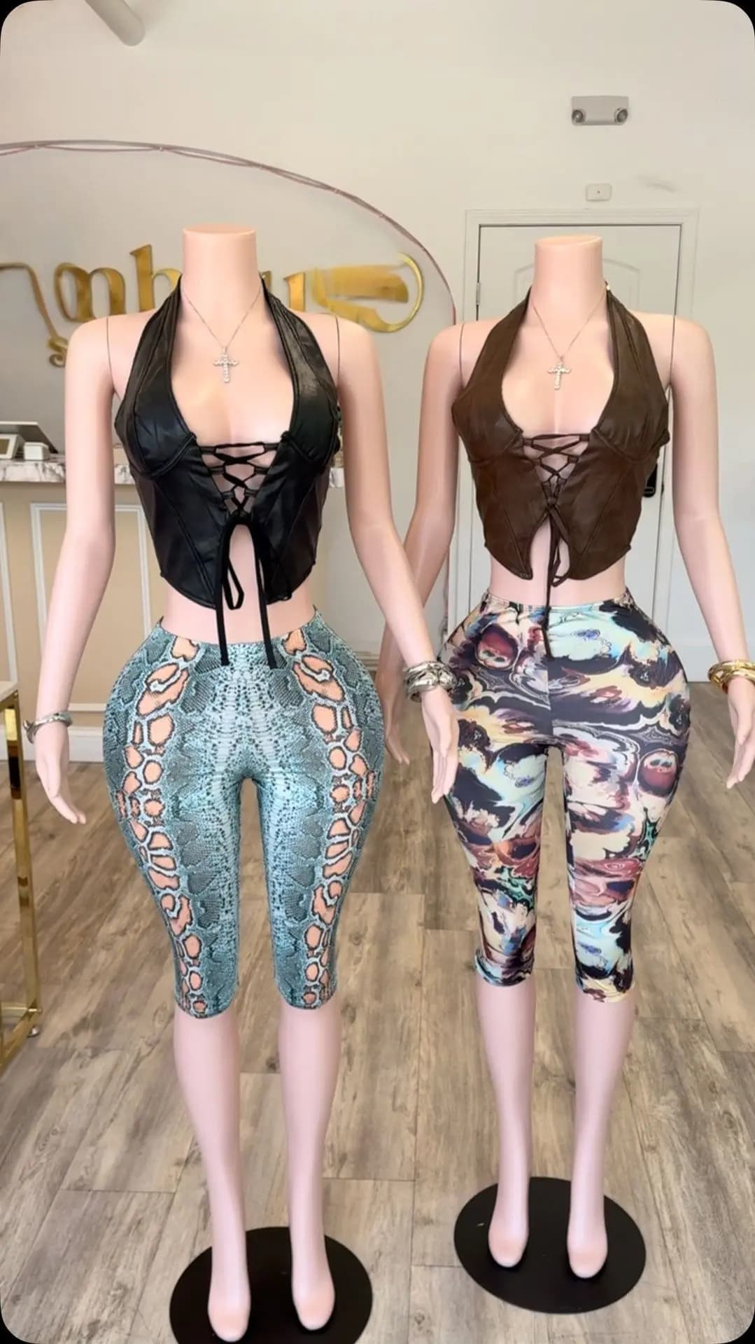 STYLISH LADY 2 Piece Outfits Faux Leather Halter Lace Up Crop Top Snake Print Capri Pants 2026 Women Y2K Streetwear Matching Set