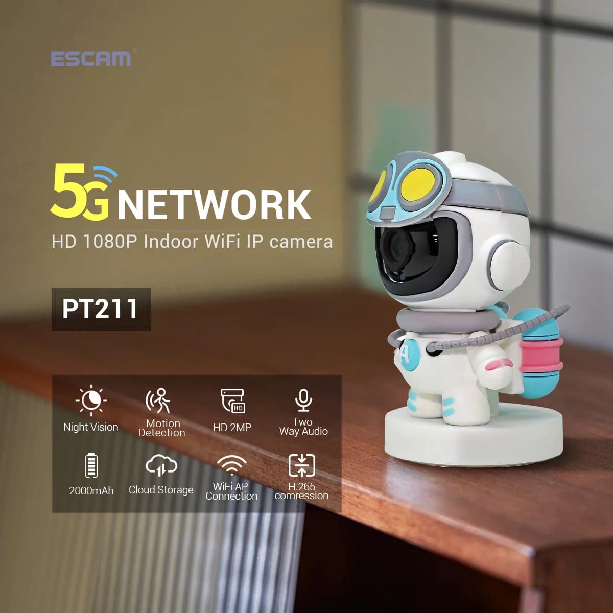 Telecamera IP PTZ Wireless ESCAM PT211 2MP 1080P con App Yoosee, Wi-Fi Dual Band 2.4G&5G, Alimentazione a Batteria, Interfono Robot, Baby Monitor