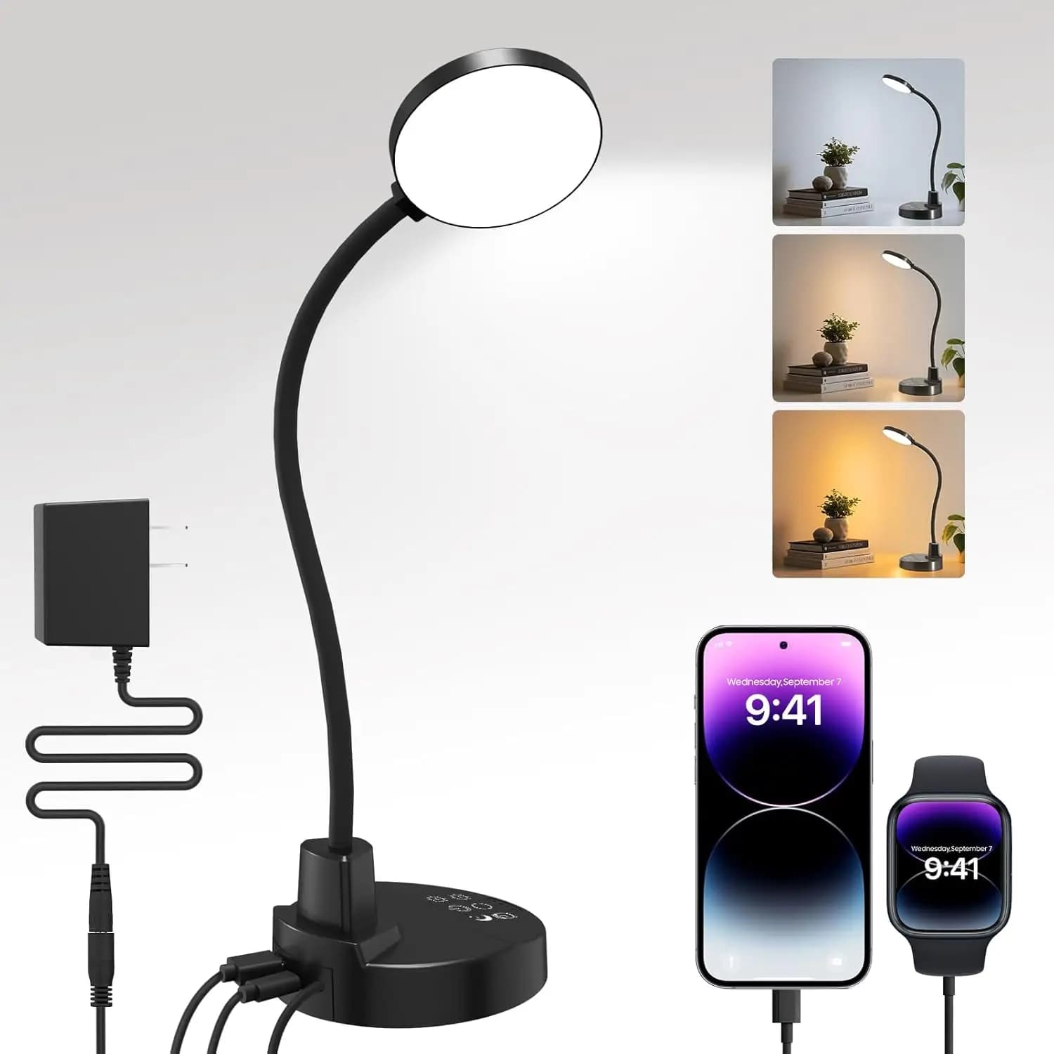 Lampada da scrivania a LED dimmerabile con ricarica USB, 5 livelli di luminosità, 3 colori, timer