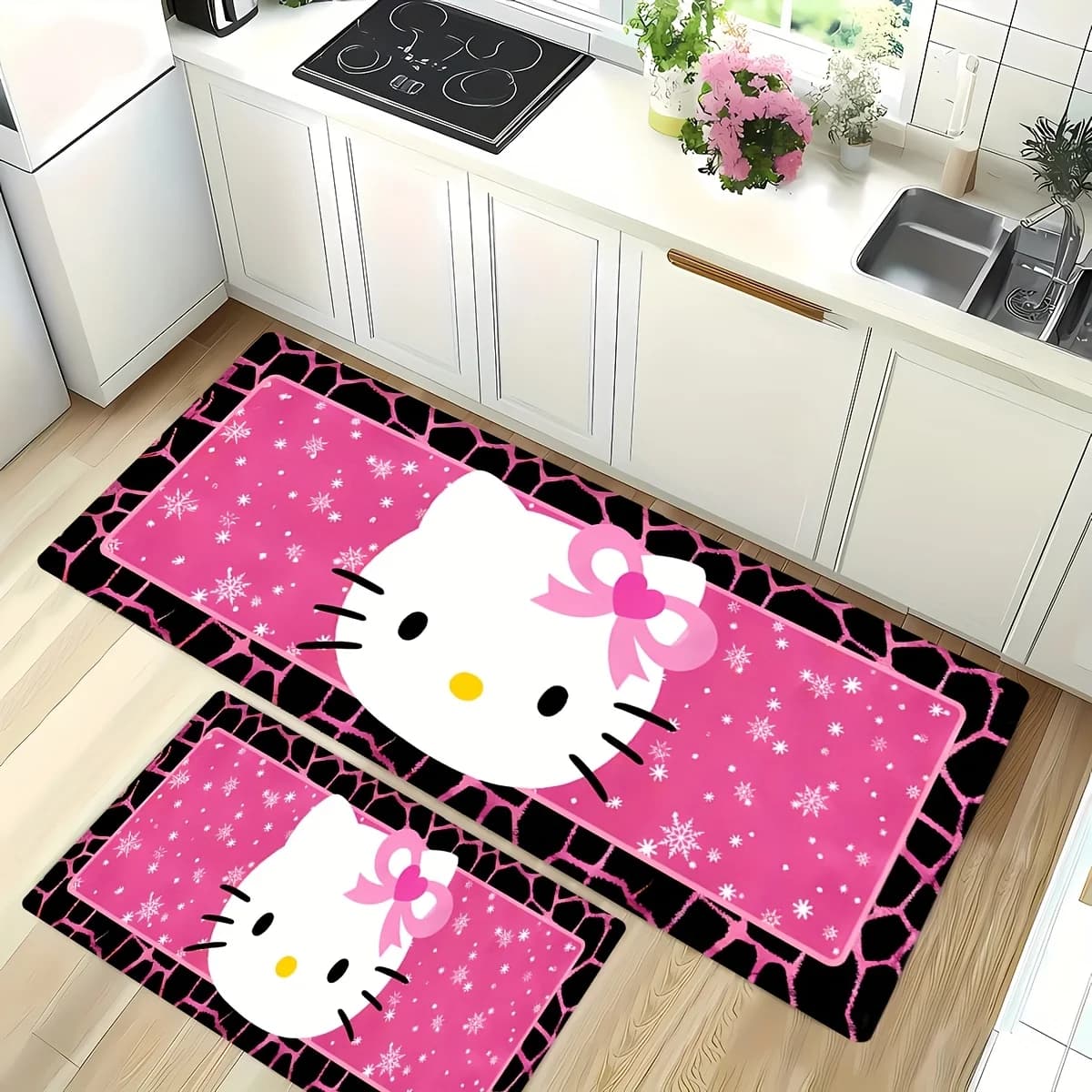 Hello Kitty Runner Rug Pink Black Giraffe Print Winter Snowflake Floor Carpet for Home Kitchen Hallway Laundry Room Decor