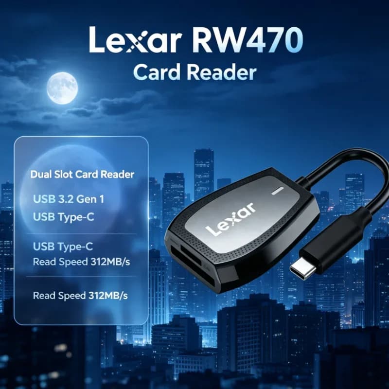 Lexar RW470 Memory Card Reader 2-in-1 Dual Slot SD microSD Type-C USB 3.2 Gen1 UHS-II for Camera Data Transfer
