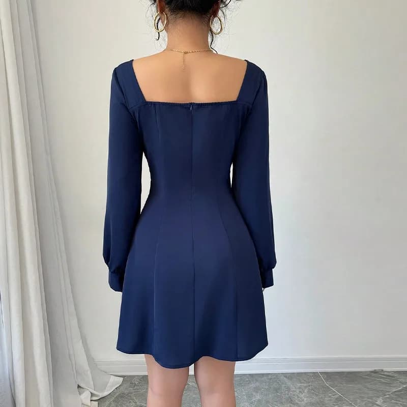 2026 Spring Long Sleeve Dress Square Neck Waist A-shaped Dress Women