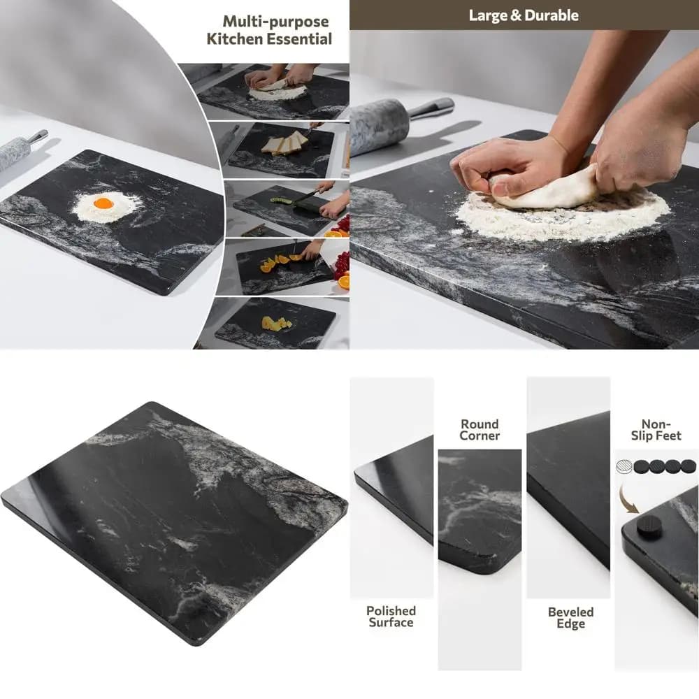 Kitchen marble cutting board, 16x20 inch granite slab with anti-slip feet for baking, cheese, chocolate, black white veins