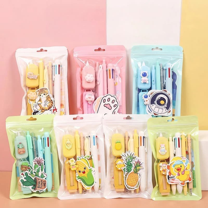 8PCS/Set Cute Student Stationery Combo Kawaii Cat Paw Pencil Set with Gel Pen Correction Tape Eraser Sticky Notes Gift for Kids