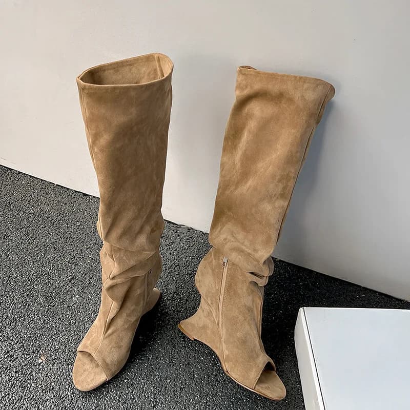 AIYKAZYSDL Strange Wedge Heel Peep Toe Knee High Boots Flock Faux Suede Slouchy Stretch Bootie Streetwear For Women