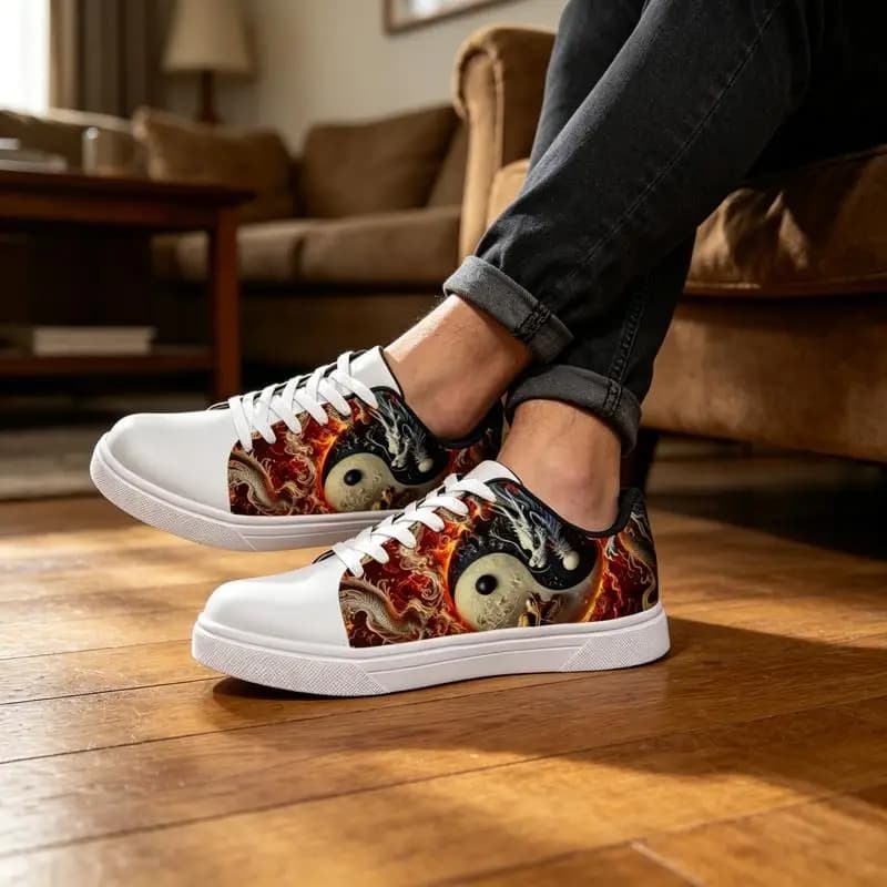 Ladies Men's Road Running Shoes，Fashionable casual white sneakers with printed design，Unique dragon and yin-yang pattern，Various
