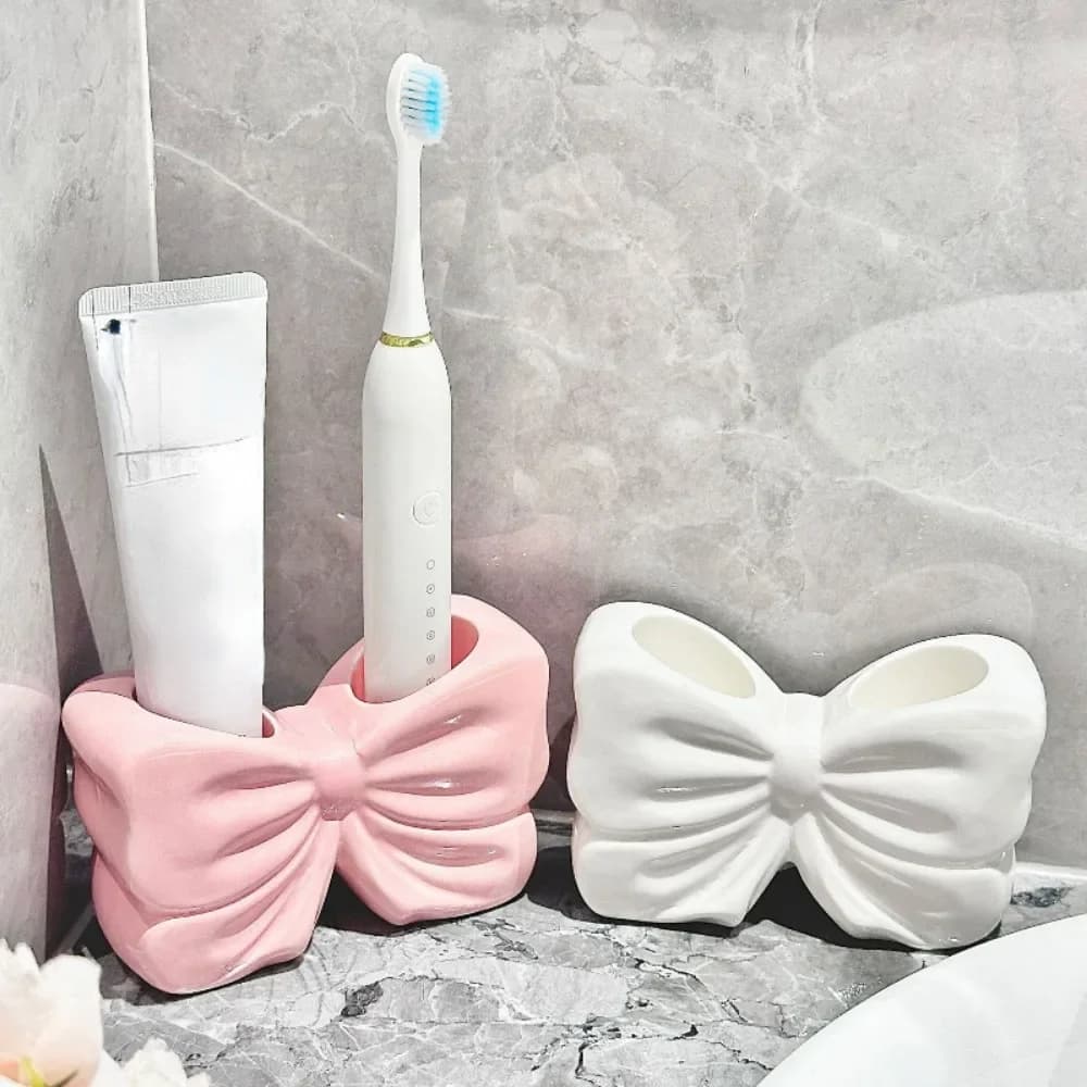 Porta spazzolino con fiocco in ceramica Ornamento Spazzolino da denti Portaoggetti per dentifricio per uso domestico Accessori per il bagno Porta spazzole
