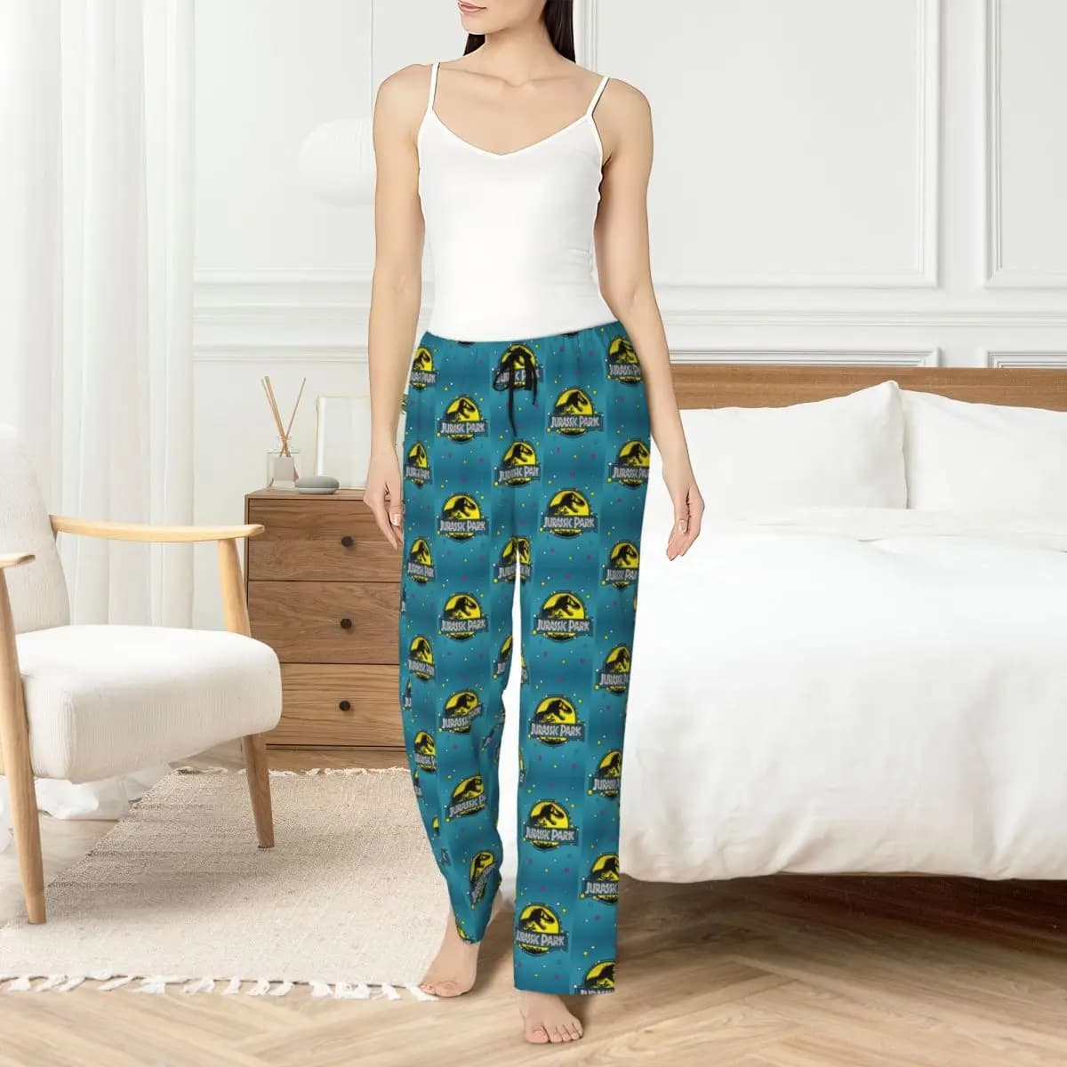 Pantaloni Pigiama Personalizzati da Donna Jurassic World Park con Stampa di Dinosauri, Abbigliamento da Notte con Tasche