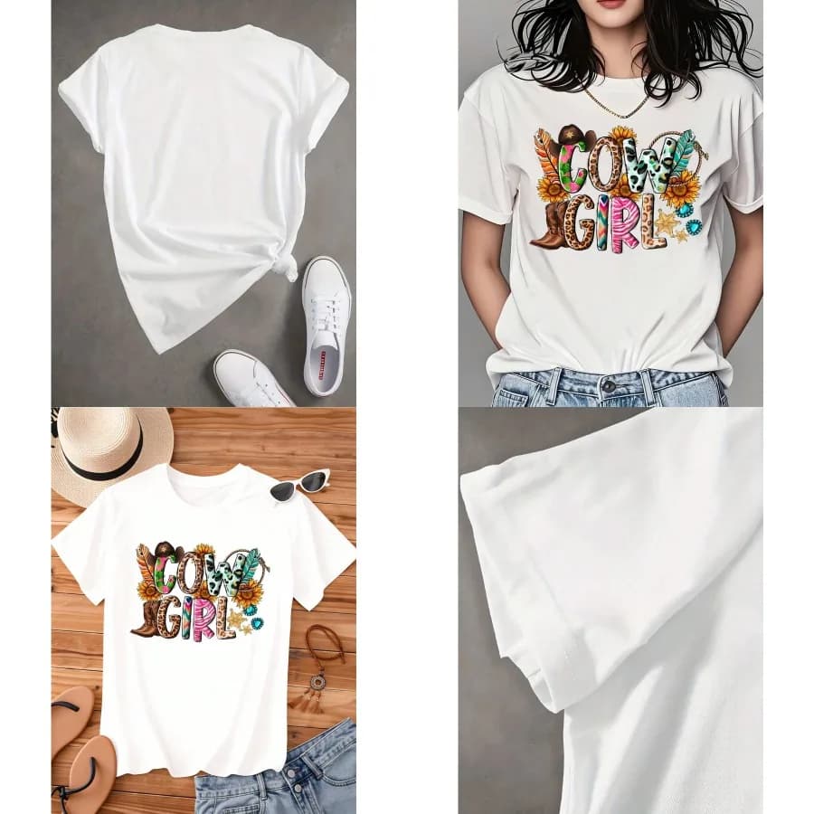 【New style】Women Round Neck T Shirt Cowgirl Print With Sunflowers And Boots Short Sleeve For Casual Wear And Western Theme Even