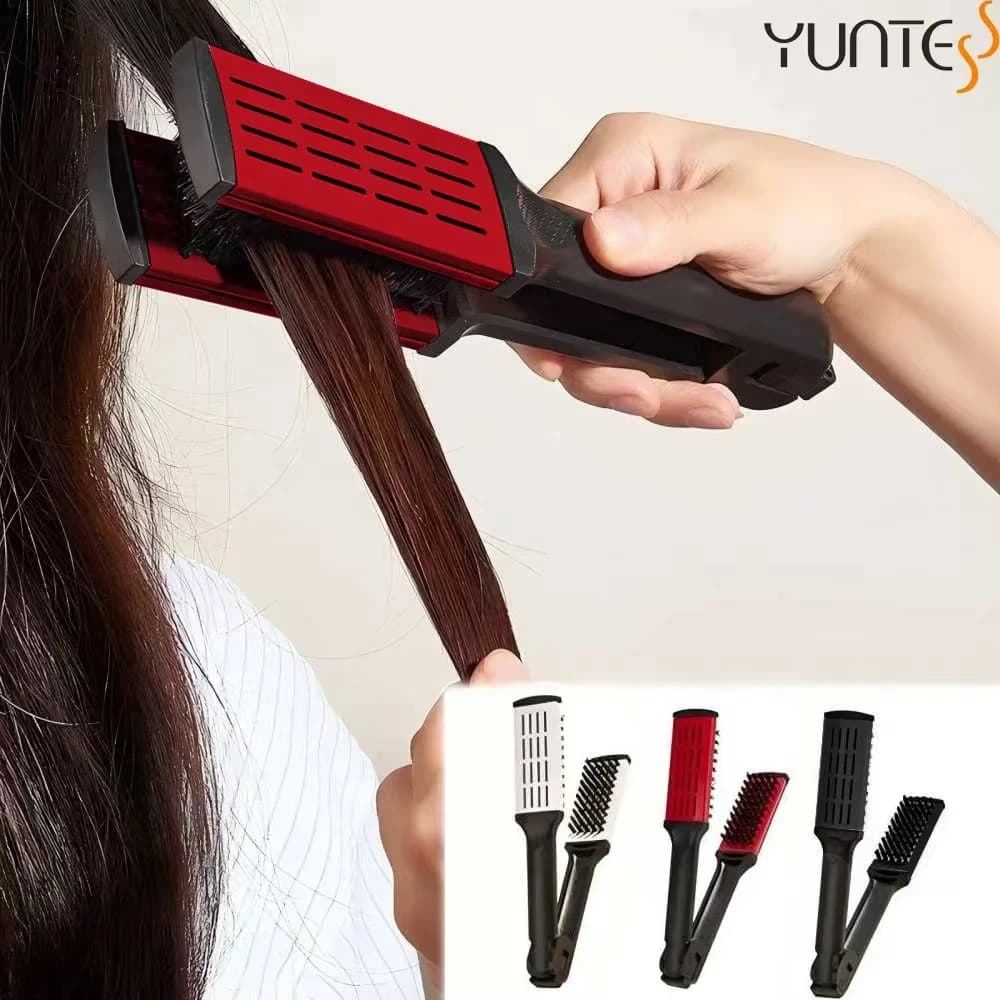 Professional V hair plate with double nylon brush 2 in 1, hair tool without damage to daily volume and smooth and bright hair