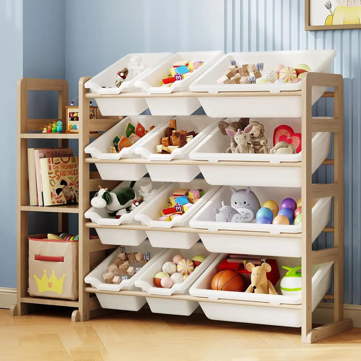 Organizzatore per giocattoli con libreria, 3 ripiani e 12 contenitori, bianco