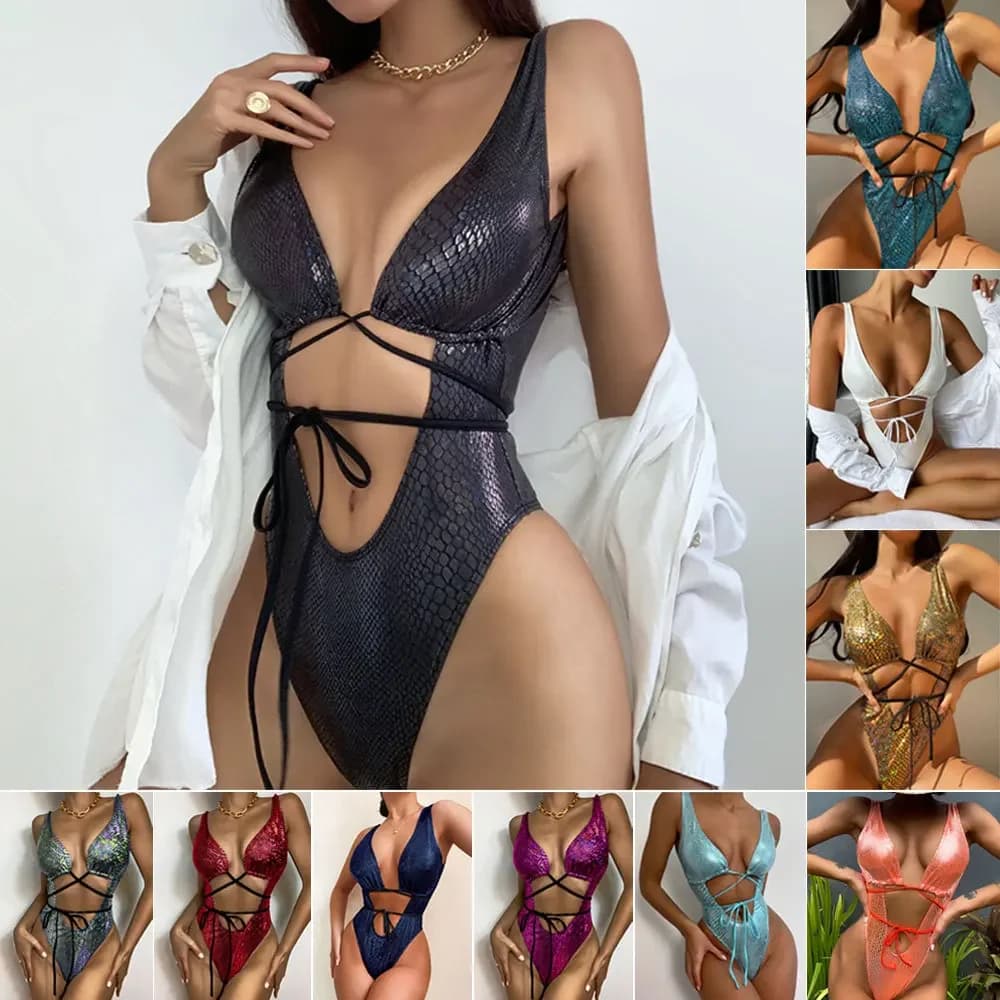 Sexy Pink Snake Print Swimwear donna bikini Cut Out Bandage sport costume intero costume da bagno brasiliano Backless Monokini