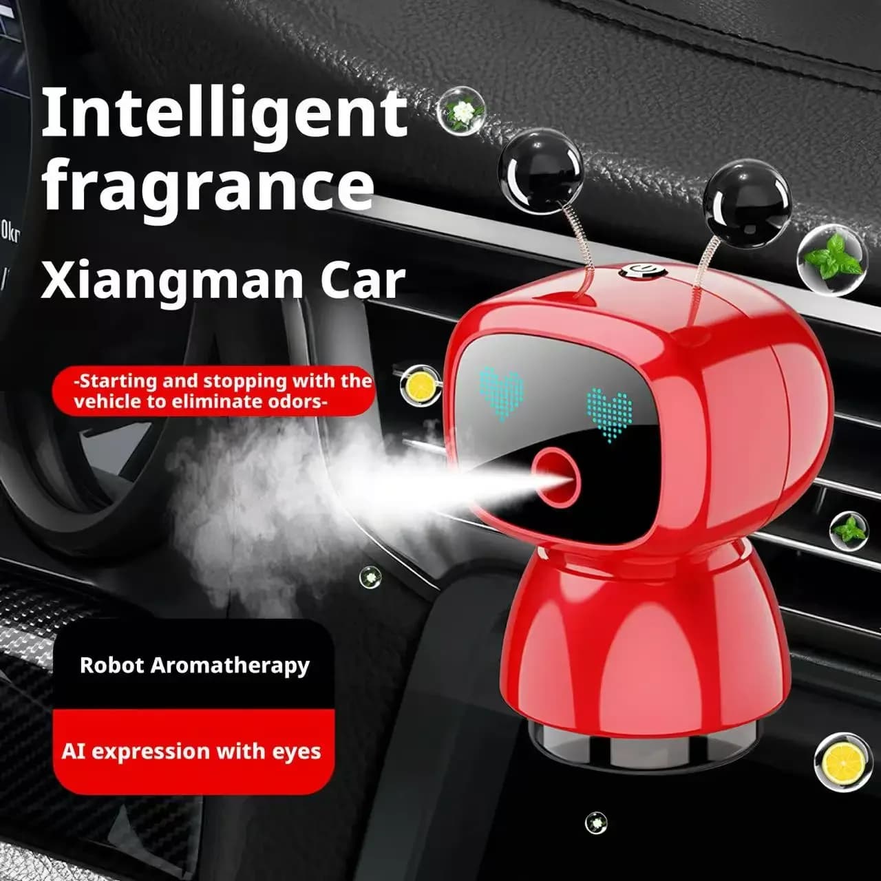 Automatic diffuser for auto aromatherapy powered by AI Air Conditioner vent decoration Robot ornament with long lasting light fragrance