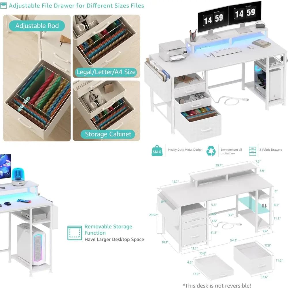 White computer desk with drawer cabinet, 55 inch office desk with monitor shelves, writing desk w