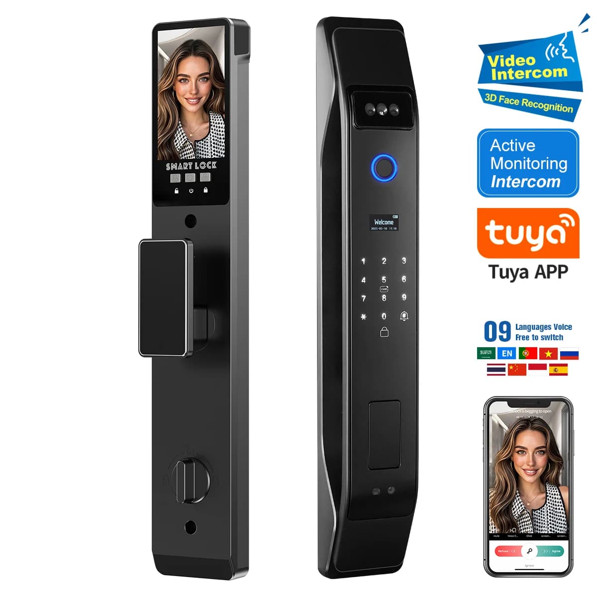 Serratura Elettronica di Sicurezza Intelligente con Riconoscimento Facciale e Impronte Digitali, Serratura Smart per Porta con Telecamera per Casa