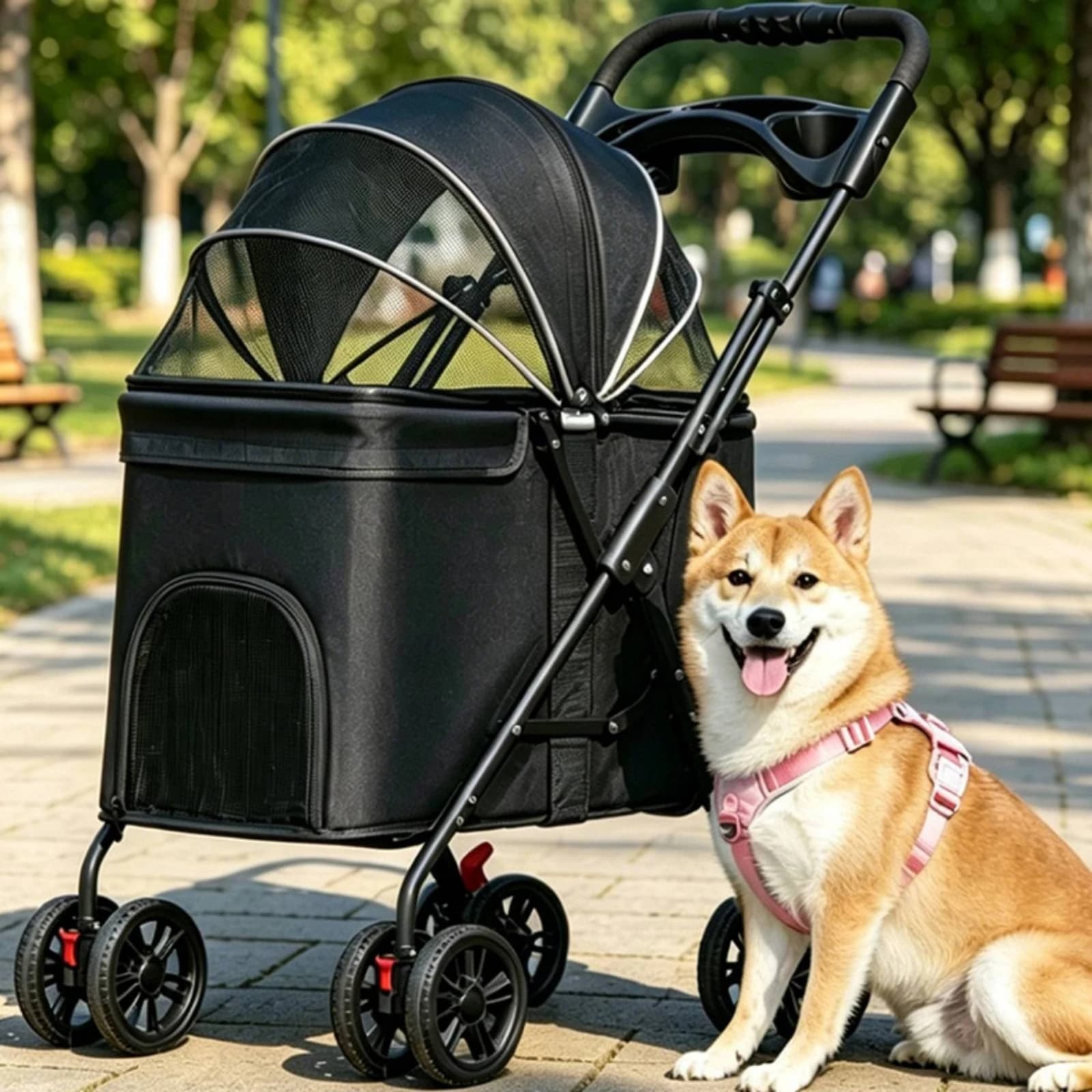 Foldable Pet Stroller Carrier Push Handle Mesh Pet Stroller