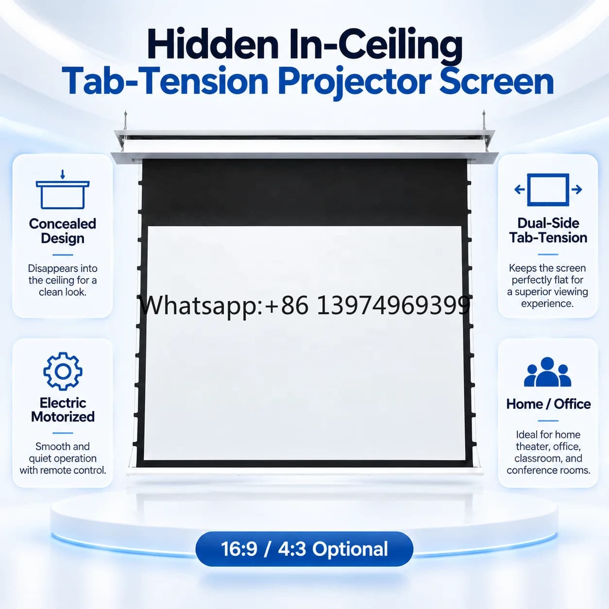 110 Inch 4K Cinema Projector Screen Hidden Ceiling Mounted Electric Projector Screen with Flat Tab Tension Design