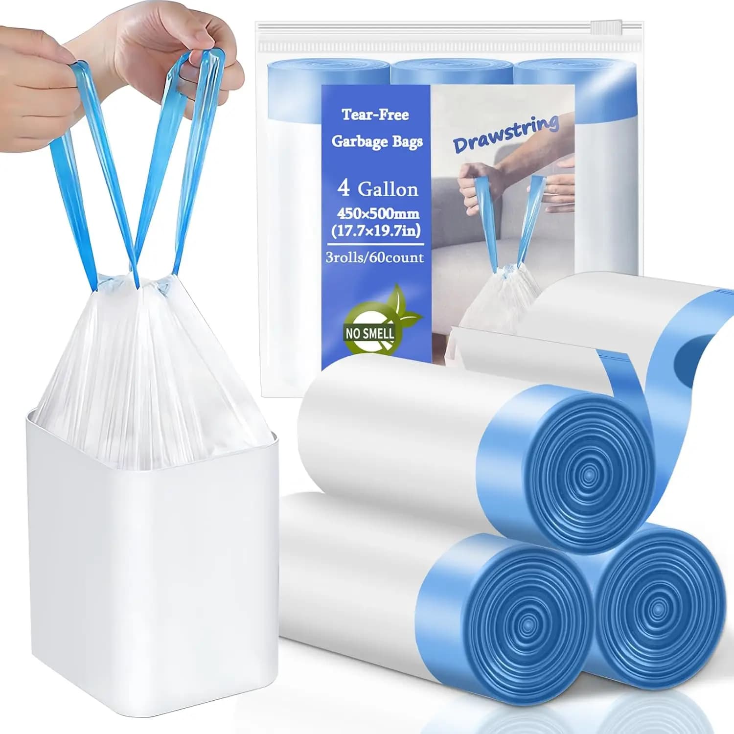 4 Gallon Trash Bags Drawstring, Small Trash Bags Tear-Free, 4 Gal Unscented White Small Garbage Bags, Separated Thick Plastic Wastebasket Liners for Toilet Home Office and Bedroom, 60 Count