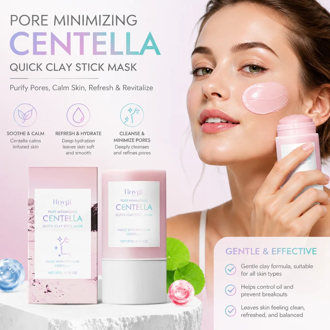 Hoygi Pink Centella Clay Mask for Pore Cleansing Oil Control Smooth Skin Soothing Centella Clay Stick Mud Mask for Face Care 27g