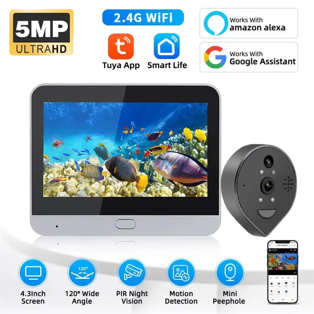 Spioncino Digitale Tuya Security-Protection 5MP con Videocitofono, Compatibile con Alexa, Rilevamento Movimento, Interfono Wireless Wi-Fi per Casa Privata