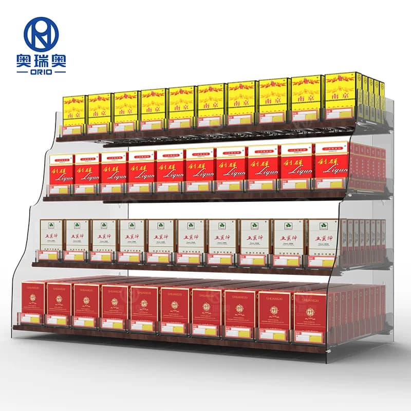Scaffale per vetrina per sigarette trapezoidale, scaffale per negozi di tabacco in alluminio con venature del legno Scaffale per esposizione di sigarette per supermercato
