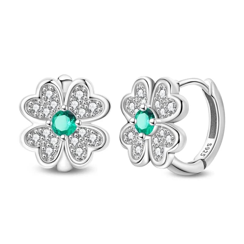 New 925 Sterling Silver Green Four-leaf clover Hoop Earrings Fashion Trend Simple Small Design Earrings For Woman Lucky Jewelry