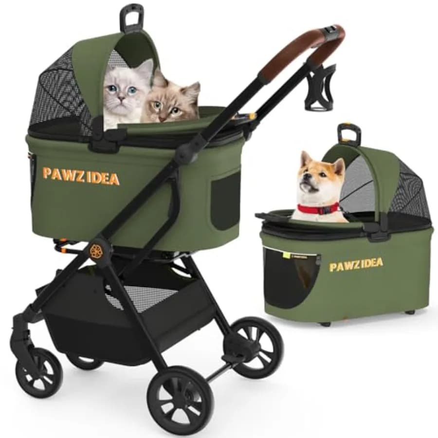 PAWZIDEA Pet Stroller 4 in 1, Foldable Cat Stroller with Detachable Carrier for Small Medium Dogs Cats, Escape-Proof No-Zip Can