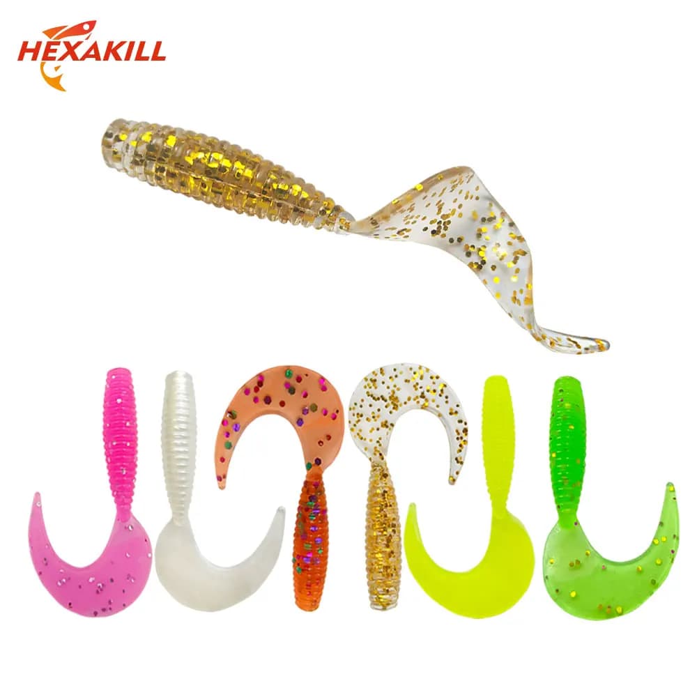 50 Pezzi Esche Morbide a Coda Curva 3,5cm 0,5g Mini Verme in Silicone per Bass, Trota, Acqua Dolce e Salata