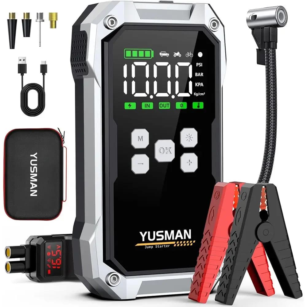 Kit Avviatore d'Emergenza per Auto 9000A 160PSI: Booster Batteria 12V con Compressore d'Aria, Luci LED, Cavi Intelligenti