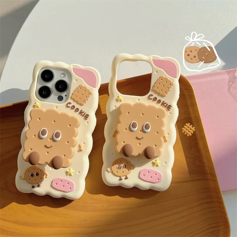 Custodia morbida per telefono in silicone con staffa per biscotto simpatico cartone animato creativo 3D per iPhone 16 15 14 13 12 Pro Max Custodia protettiva antiurto