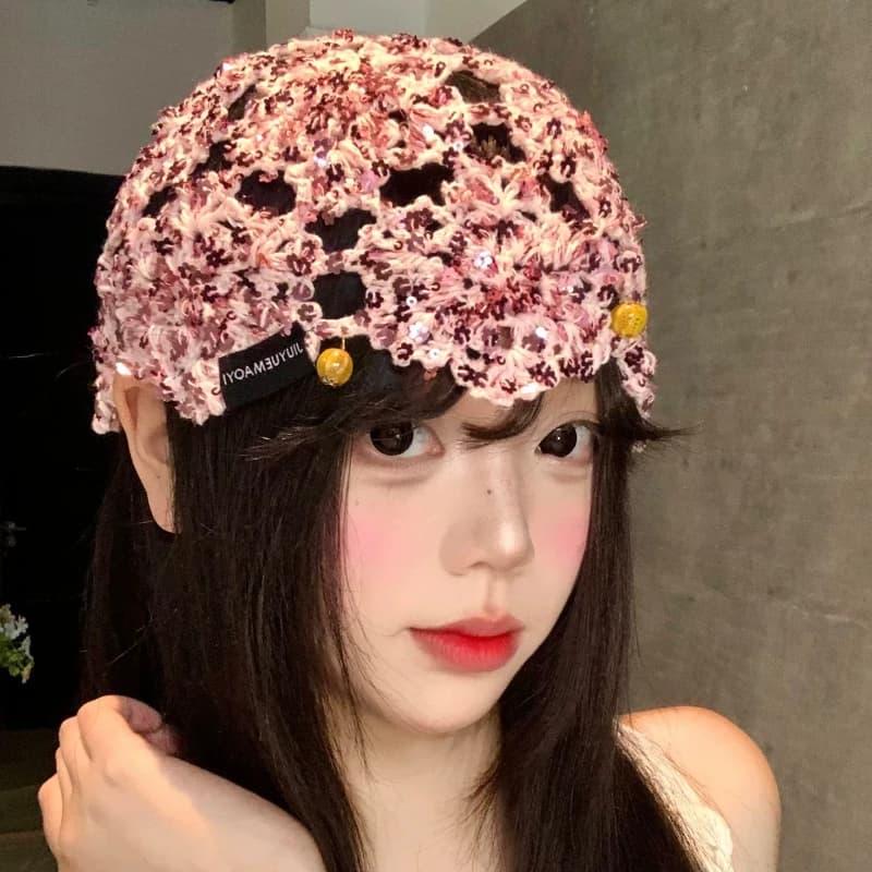 Korean Fashion Hollow Out Hand-crocheted Sequined Beanies for Women Summer Travel Photo Versatile Breathable Thin Pullover Hat