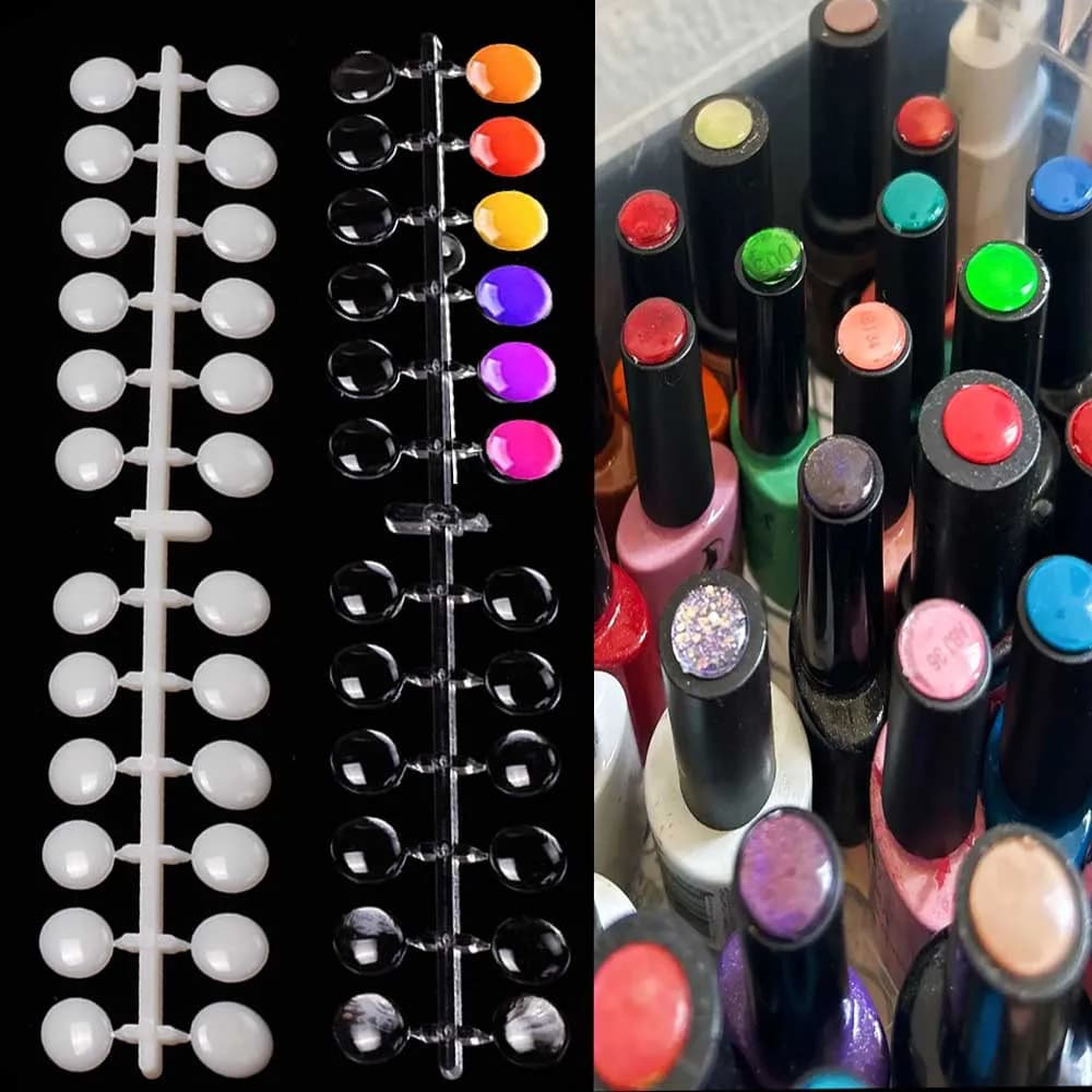 120/24pcs Acrylic Enamel Board Round Plate Bottom Color Card with Adhesives Dot UV/Gel/Smalto Tips showing shelf