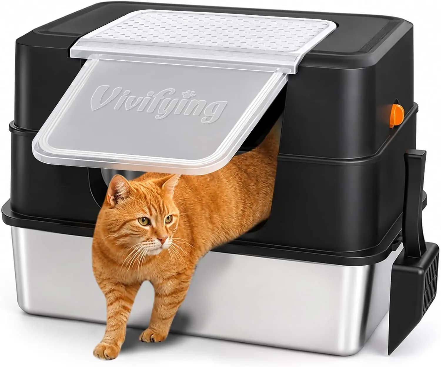 Cat Litter Box, Extra Large Stainless Steel, Black, with Side Entry and Lid