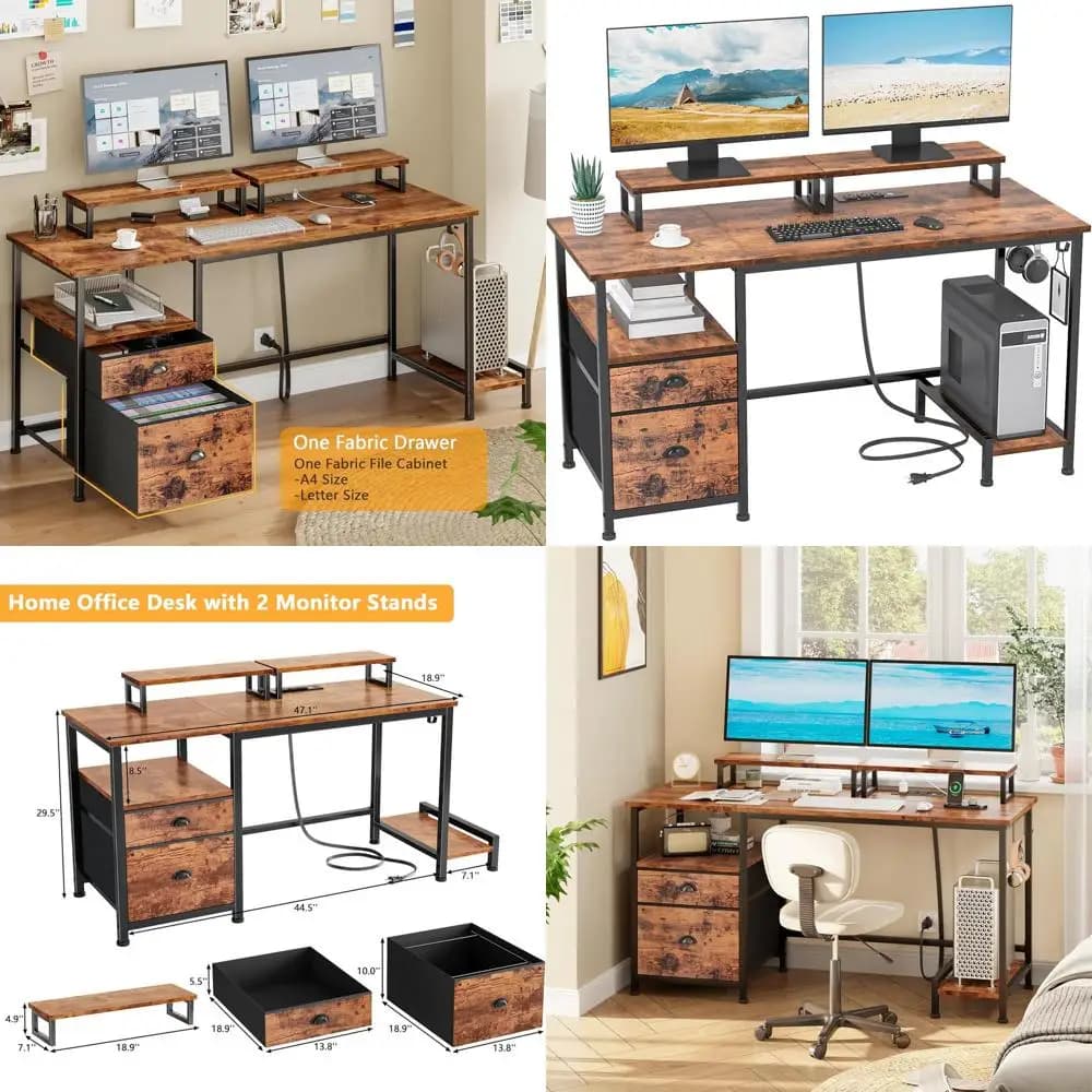 47 rustic brown office desk with container, tab, 2 monitor holders and sockets for games and writing