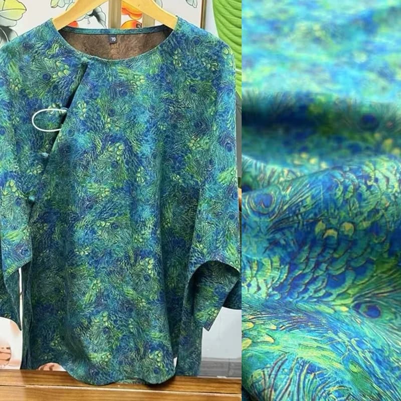 114 CM di Larghezza 25 MM Piuma di Pavone Stampato Verde Blu Seta Hualuo Tessuto Foro Passante Tessuto di Seta per Abito Morbido Gonna Pantaloni R2150