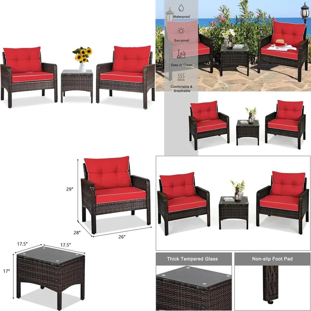 3-Piece Wicker Patio Furniture Set with Cushions, Weather-Resistant Rattan Bistro Table and Chairs for Outdoor Spaces in Red