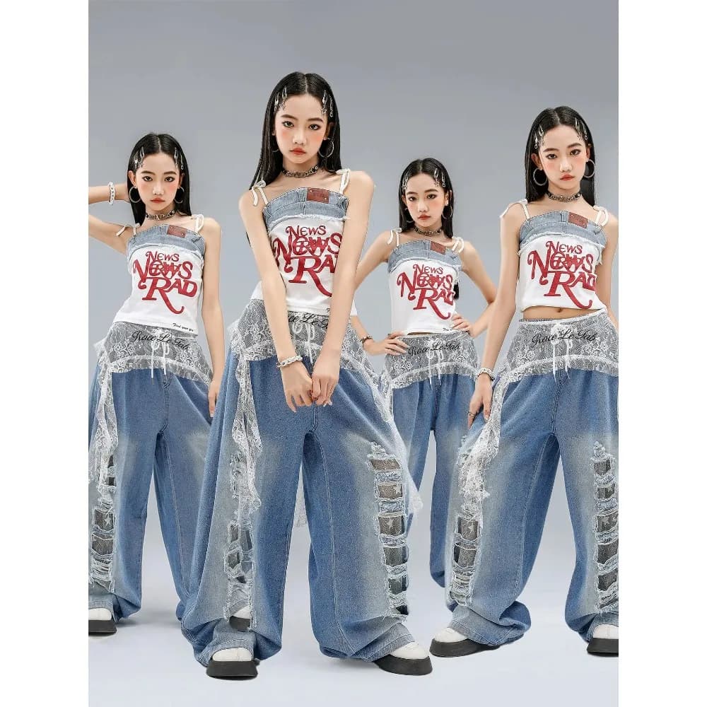 Top Corto Hip Hop per Adolescenti, Jeans Strappati, Top a Canotta K-pop, Pantaloni in Denim, Set di Abbigliamento per Danza di Strada, Costumi di Gruppo per Adolescenti