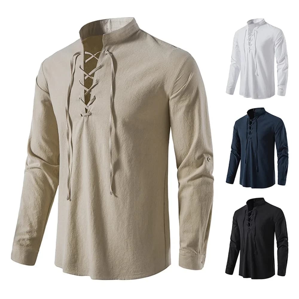 T-shirt da uomo nuova autunno camicetta casual in cotone e lino manica lunga scollo a V design vintage con coulisse gotico Cos Pirate Tees