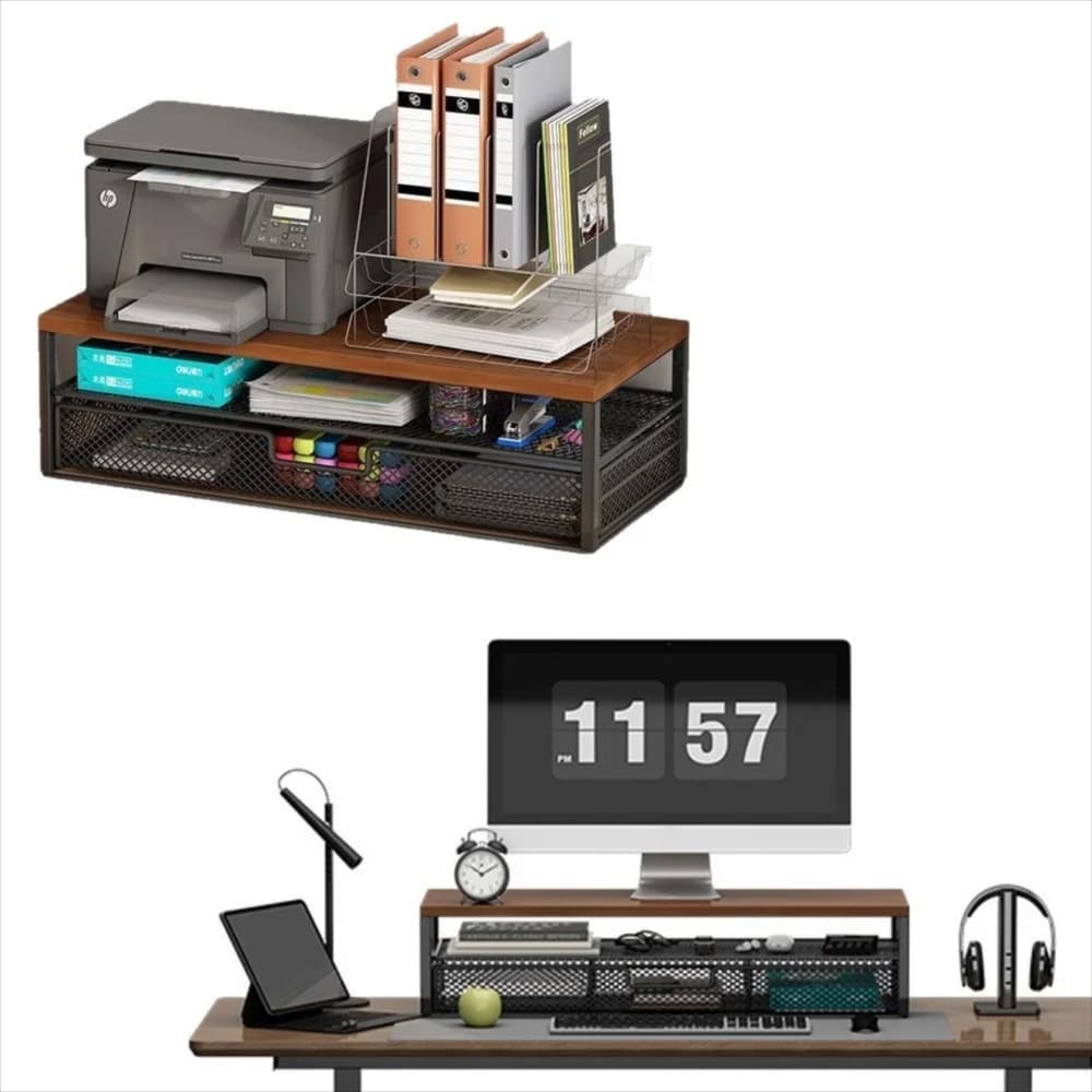 2-Tier Design Computer Monitor Stand Metal Mesh With Drawer Desk Monitor Riser Space Saving Large Load Bearing