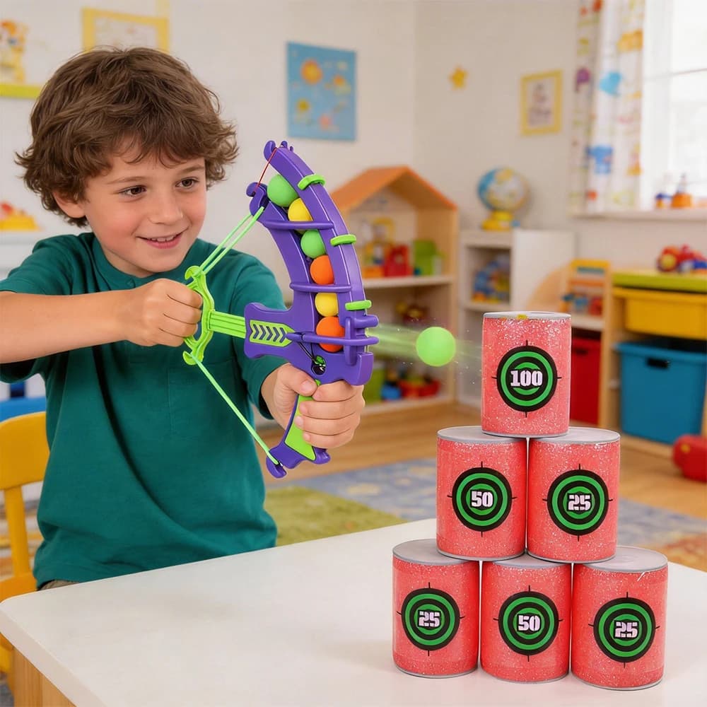 Giocattolo Arco e Frecce per Bambini con Bersaglio in Schiuma EVA e Secchio, Gioco di Tiro per Interni/Esterni, Regalo Perfetto