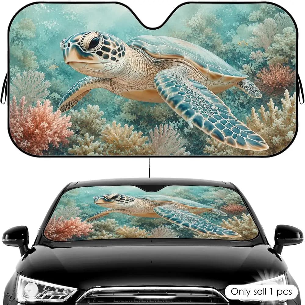 Parasole per Parabrezza Auto con Motivo Tartaruga Marina e Barriera Corallina, Protezione UV, Scudo Termico Pieghevole Universale