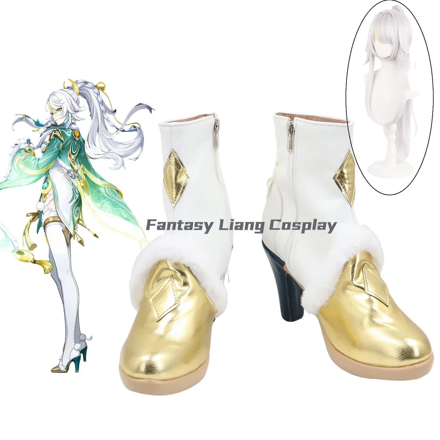 Scarpe Cosplay di Zibai dal Gioco Genshin Impact per Donne, Set Completo con Parrucca per Halloween, Carnevale e Feste in Maschera