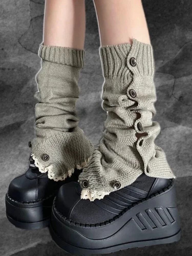 New Grey Ankle Warmers Y2K Subculture Lolita JK Cute Leg Warmers Women Japanese Knitted Button Lace Trim Foot Covers Boot Socks
