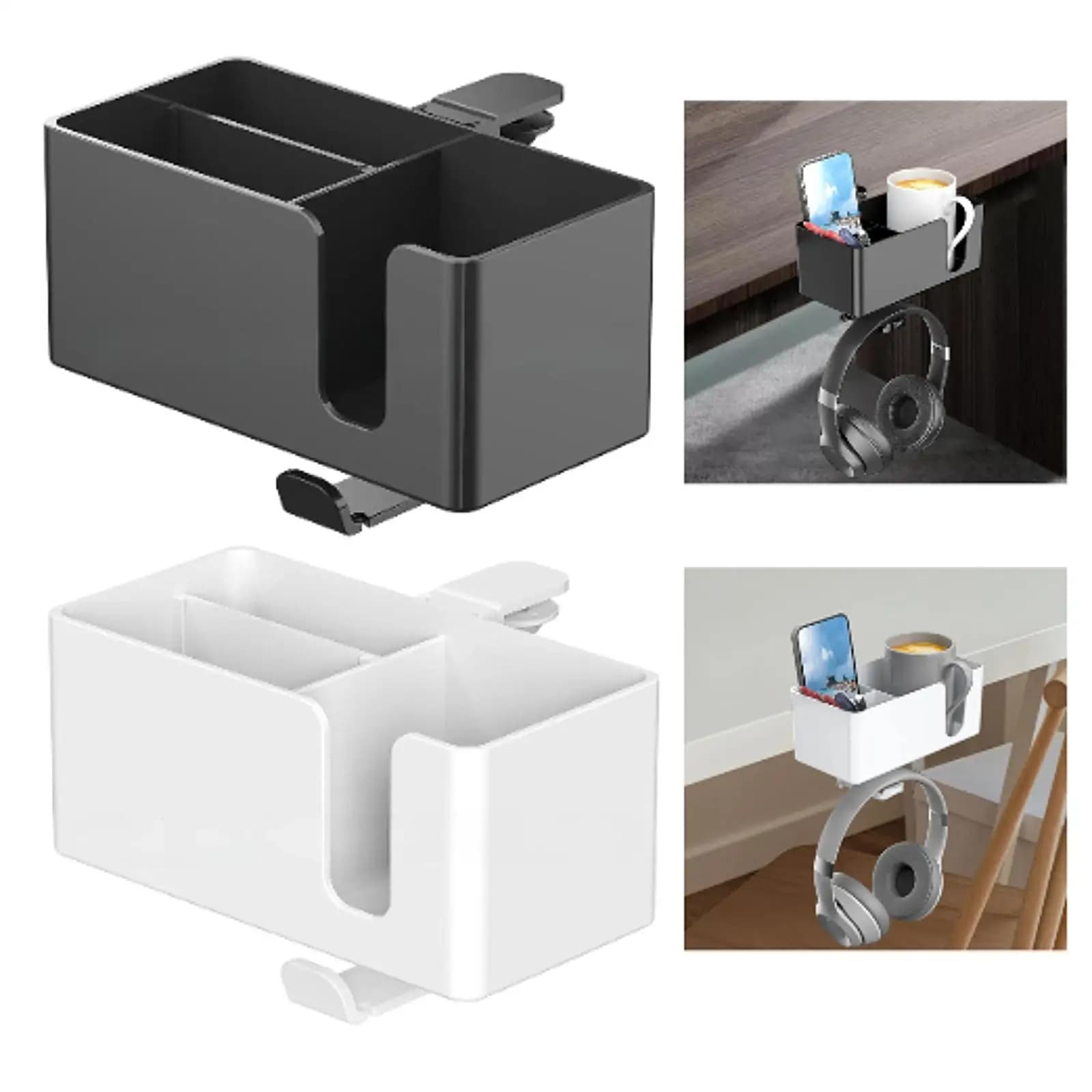 4 in 1 Desk Cup Holder Clamp on Under Desk Rotating Headphone Phone Pen Storage Box for Home Bedside Water Bottle Stationery