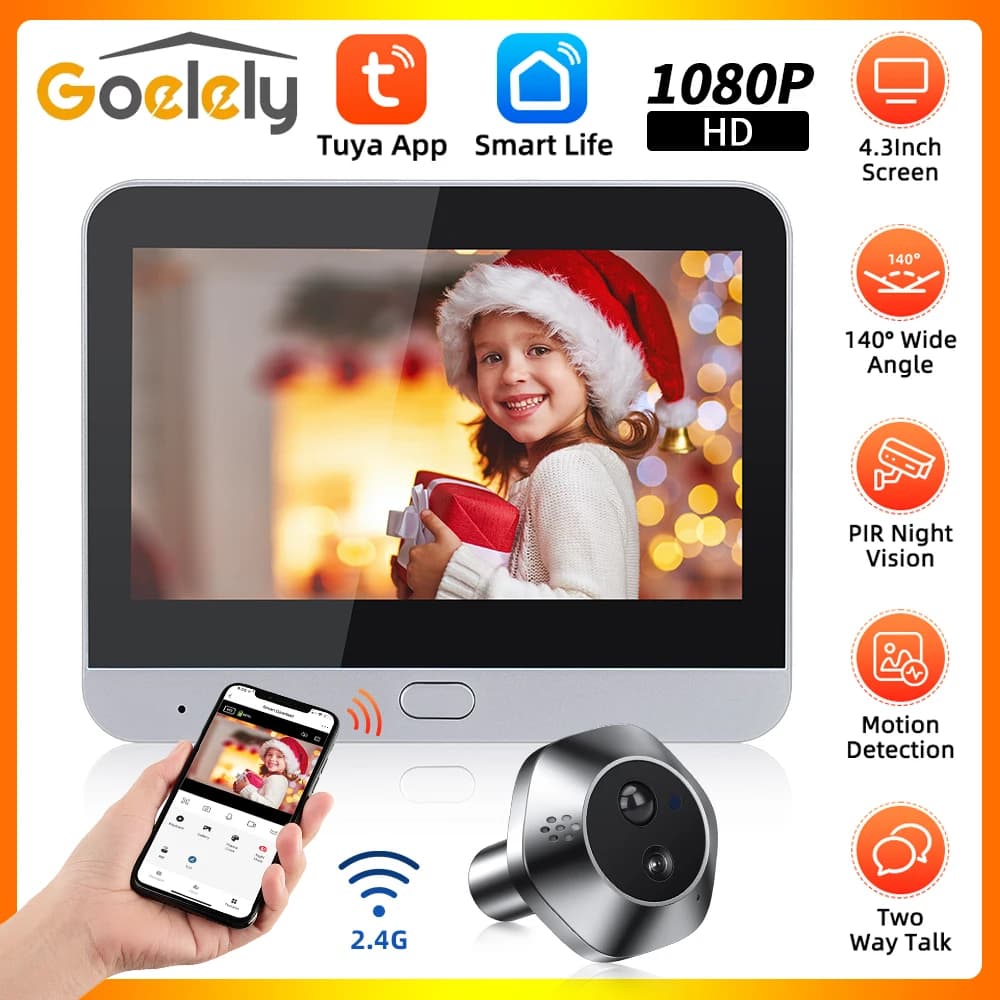 Goelely Tuya WIFI Spioncino Telecamera per porta Audio bidirezionale 1080P Video Spioncino PIR Visione notturna Rilevazione di movimento Spioncino digitale